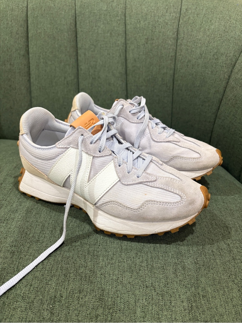 New Balance women Light light blue and White Retro Runner with Gum Outsole